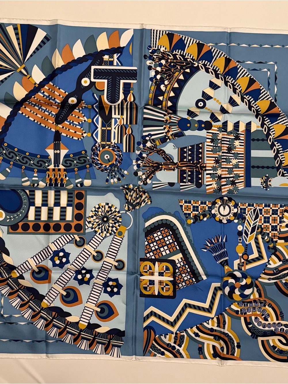 Hermes Haute Parure 90 Silk Scarf Blue Jean Beige Dore Ciel